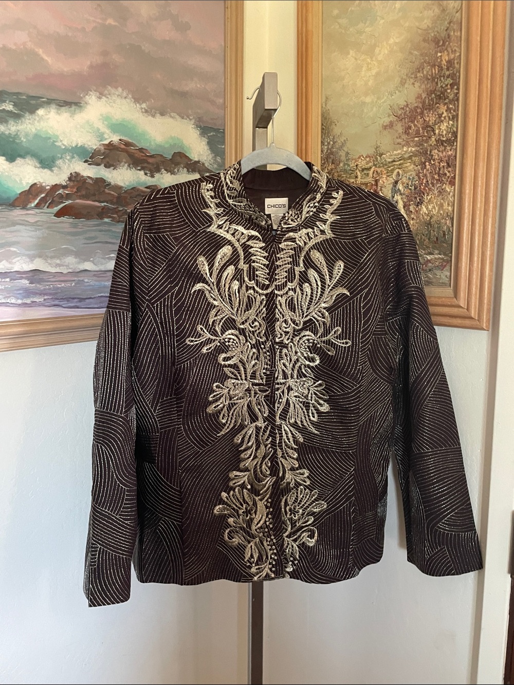 Chico's Black Jacket with Cream Embroidered Front